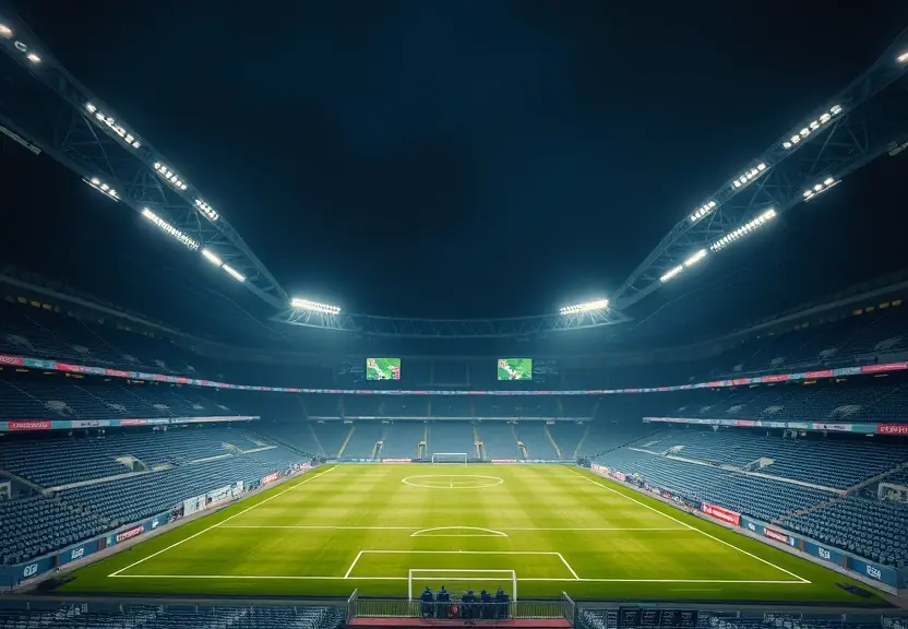 Estádio de futebol vazio à noite, com os refletores acesos
